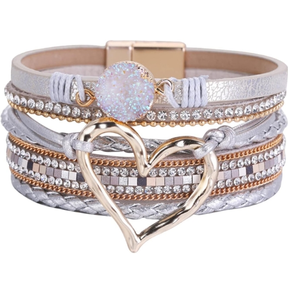 Jewelry - Silvertone Heart Rhinestone Accent Wrap Magnetic Closure Bracelet
